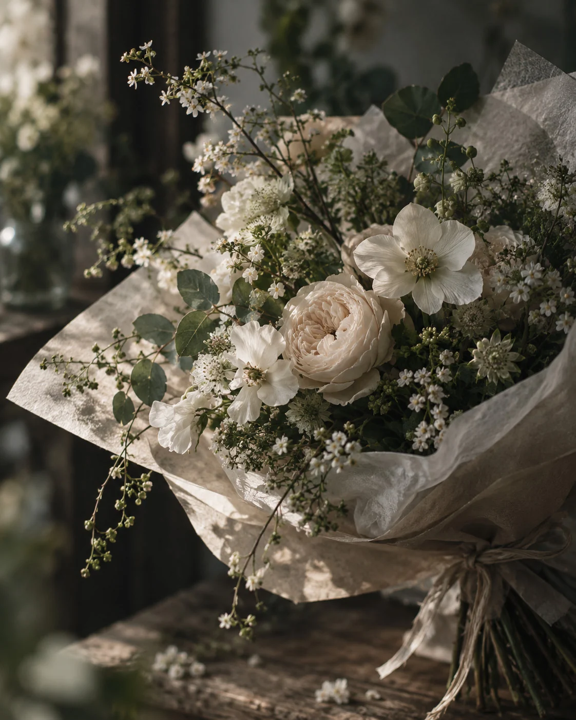 Garden roses and delicate white flowers in a generous bouquet